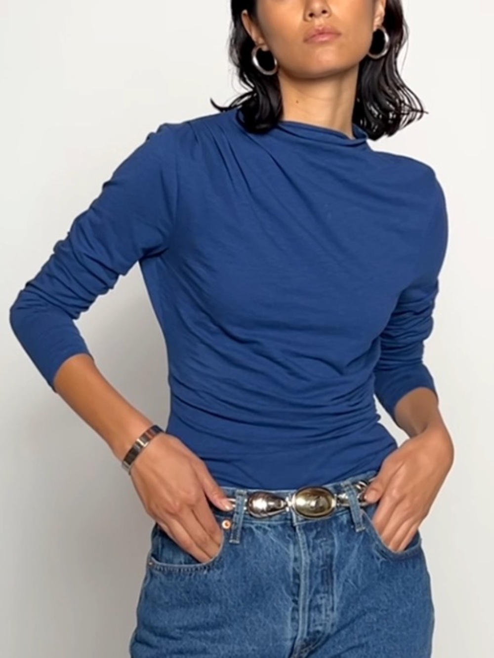 Nation LTD Charlotte Long Sleeve Tee Shirt Galaxy Blue Mock Neck Pima Cotton S